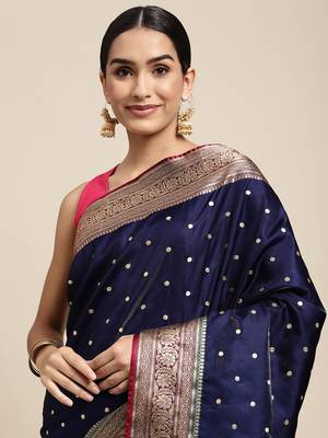HOUSE OF BEGUM Women's Navy Blue Banarasi Katan Silk Saree With Buti Work With Blouse Piece 5