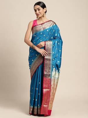 HOUSE OF BEGUM Women's Light Blue Banarasi Katan Silk Saree With Buti Work With Blouse Piece 1
