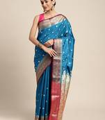 HOUSE OF BEGUM Women's Light Blue Banarasi Katan Silk Saree With Buti Work With Blouse Piece