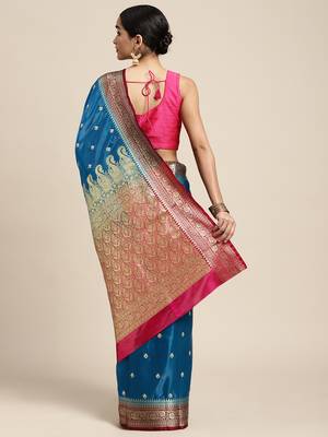HOUSE OF BEGUM Women's Light Blue Banarasi Katan Silk Saree With Buti Work With Blouse Piece 2