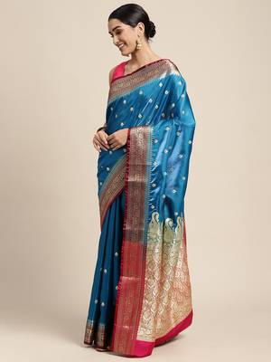 HOUSE OF BEGUM Women's Light Blue Banarasi Katan Silk Saree With Buti Work With Blouse Piece 3