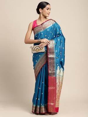 HOUSE OF BEGUM Women's Light Blue Banarasi Katan Silk Saree With Buti Work With Blouse Piece 4