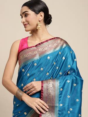 HOUSE OF BEGUM Women's Light Blue Banarasi Katan Silk Saree With Buti Work With Blouse Piece 5