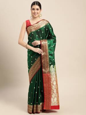 HOUSE OF BEGUM Women's Dark Blue Banarasi Katan Silk Saree With Buti Work With Blouse Piece 1