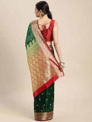 HOUSE OF BEGUM Women's Dark Blue Banarasi Katan Silk Saree With Buti Work With Blouse Piece 2