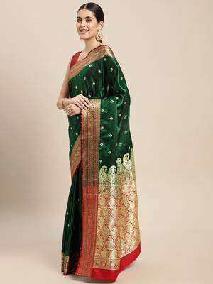 HOUSE OF BEGUM Women's Dark Blue Banarasi Katan Silk Saree With Buti Work With Blouse Piece 3