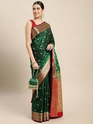 HOUSE OF BEGUM Women's Dark Blue Banarasi Katan Silk Saree With Buti Work With Blouse Piece 4