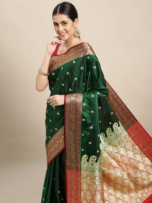 HOUSE OF BEGUM Women's Dark Blue Banarasi Katan Silk Saree With Buti Work With Blouse Piece 5
