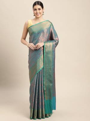 HOUSE OF BEGUM Women's Teal Copper Zari Kanjivaram Silk Saree With Blouse Piece 1