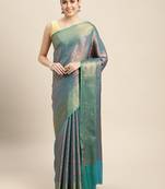 HOUSE OF BEGUM Women's Teal Copper Zari Kanjivaram Silk Saree With Blouse Piece