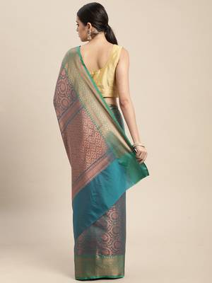 HOUSE OF BEGUM Women's Teal Copper Zari Kanjivaram Silk Saree With Blouse Piece 2