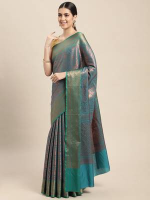 HOUSE OF BEGUM Women's Teal Copper Zari Kanjivaram Silk Saree With Blouse Piece 3