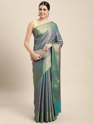 HOUSE OF BEGUM Women's Teal Copper Zari Kanjivaram Silk Saree With Blouse Piece 4