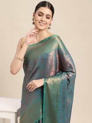 HOUSE OF BEGUM Women's Teal Copper Zari Kanjivaram Silk Saree With Blouse Piece 5