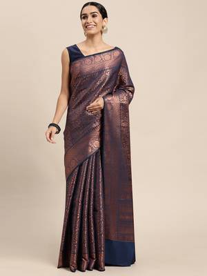 HOUSE OF BEGUM Women's Navy Blue Copper Zari Kanjivaram Silk Saree With Blouse Piece 1