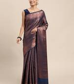 HOUSE OF BEGUM Women's Navy Blue Copper Zari Kanjivaram Silk Saree With Blouse Piece