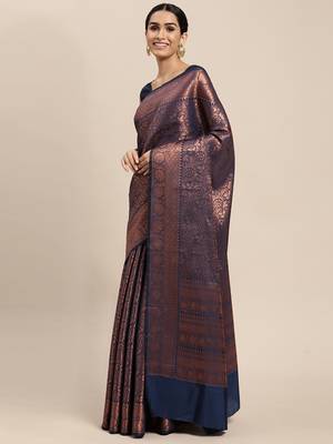 HOUSE OF BEGUM Women's Navy Blue Copper Zari Kanjivaram Silk Saree With Blouse Piece 3