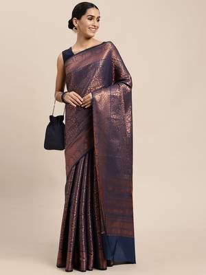 HOUSE OF BEGUM Women's Navy Blue Copper Zari Kanjivaram Silk Saree With Blouse Piece 4