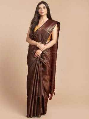 HOUSE OF BEGUM Women's Brown Copper Zari Kanjivaram Silk Saree With Blouse Piece 1