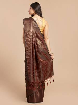 HOUSE OF BEGUM Women's Brown Copper Zari Kanjivaram Silk Saree With Blouse Piece 2