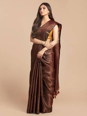 HOUSE OF BEGUM Women's Brown Copper Zari Kanjivaram Silk Saree With Blouse Piece 3