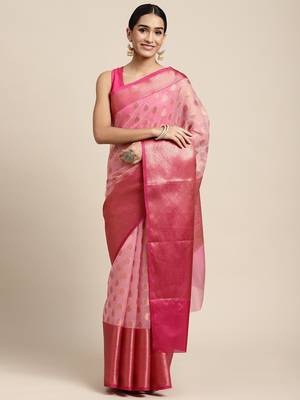 HOUSE OF BEGUM Women's Peach Organza Silk Copper Buti All Over Saree with Blouse Piece 1