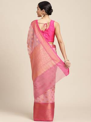 HOUSE OF BEGUM Women's Peach Organza Silk Copper Buti All Over Saree with Blouse Piece 2