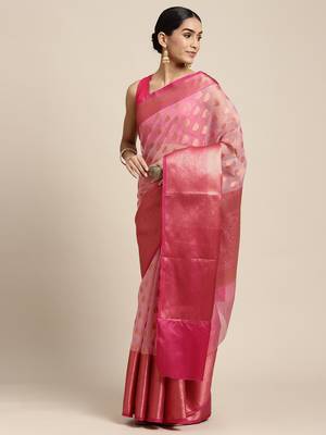 HOUSE OF BEGUM Women's Peach Organza Silk Copper Buti All Over Saree with Blouse Piece 3