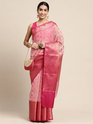 HOUSE OF BEGUM Women's Peach Organza Silk Copper Buti All Over Saree with Blouse Piece 4
