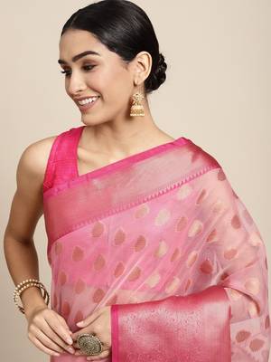 HOUSE OF BEGUM Women's Peach Organza Silk Copper Buti All Over Saree with Blouse Piece 5