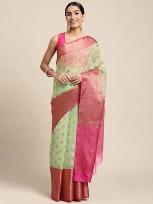 HOUSE OF BEGUM Women's Light Green Organza Silk Temple Design Saree with Blouse Piece 1
