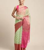 HOUSE OF BEGUM Women's Light Green Organza Silk Temple Design Saree with Blouse Piece