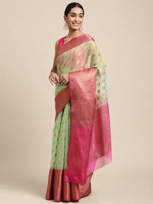 HOUSE OF BEGUM Women's Light Green Organza Silk Temple Design Saree with Blouse Piece 3