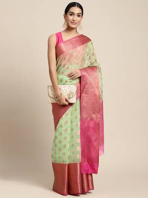 HOUSE OF BEGUM Women's Light Green Organza Silk Temple Design Saree with Blouse Piece 4