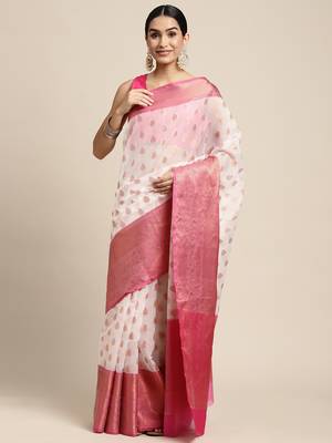 HOUSE OF BEGUM Women's O-ff White Organza Silk Temple Design Saree with Blouse Piece 1