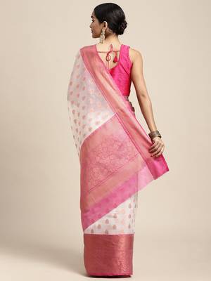 HOUSE OF BEGUM Women's O-ff White Organza Silk Temple Design Saree with Blouse Piece 2