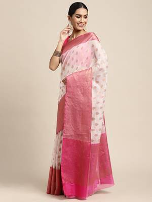 HOUSE OF BEGUM Women's O-ff White Organza Silk Temple Design Saree with Blouse Piece 3