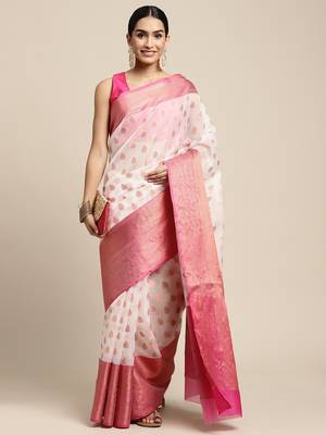 HOUSE OF BEGUM Women's O-ff White Organza Silk Temple Design Saree with Blouse Piece 4