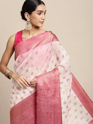HOUSE OF BEGUM Women's O-ff White Organza Silk Temple Design Saree with Blouse Piece 5
