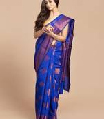 HOUSE OF BEGUM Women's Royal Blue Organza Silk all over Copper Buti Print Saree with Blouse Piece