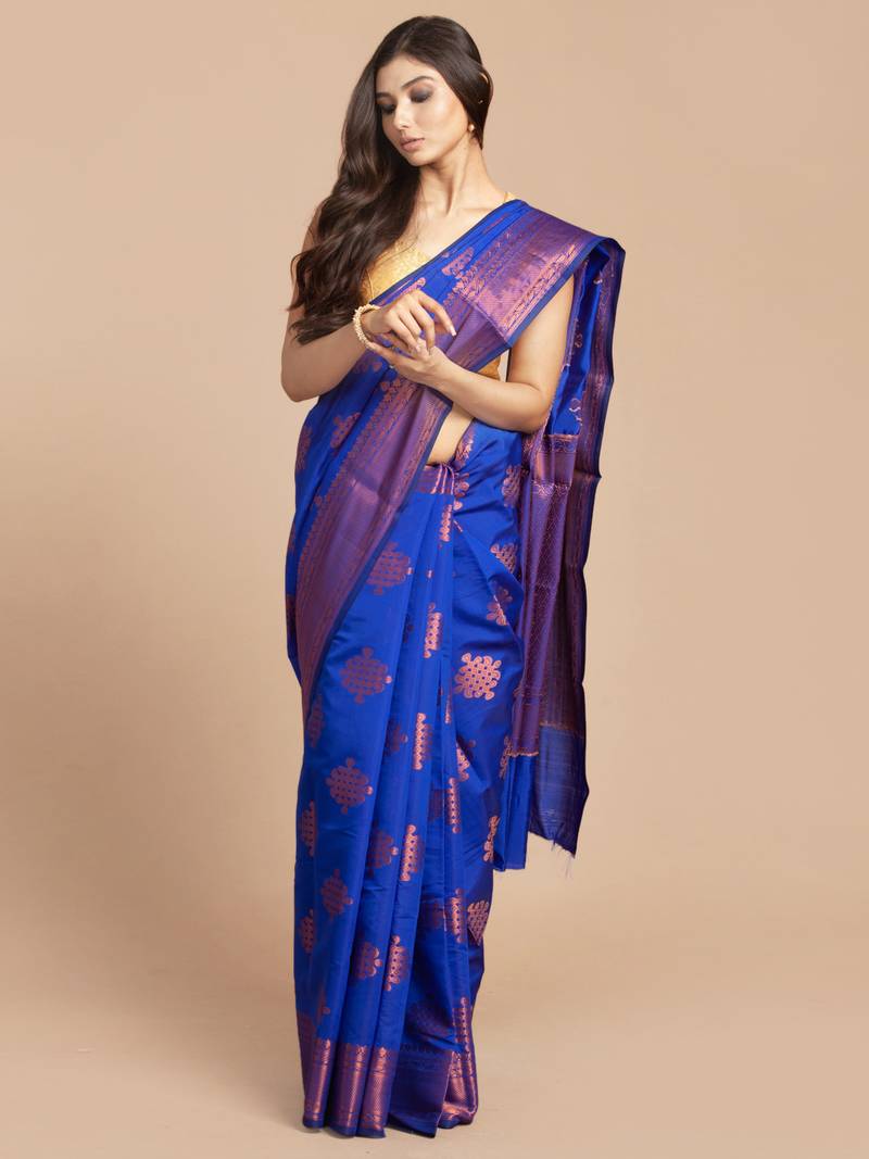 HOUSE OF BEGUM Women's Royal Blue Organza Silk all over Copper Buti Print Saree with Blouse Piece
