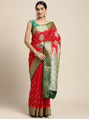 HOUSE OF BEGUM Women's Red Banarasi Katan Silk Saree With Blouse Piece 1