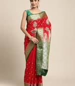 HOUSE OF BEGUM Women's Red Banarasi Katan Silk Saree With Blouse Piece