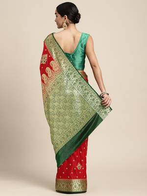 HOUSE OF BEGUM Women's Red Banarasi Katan Silk Saree With Blouse Piece 2