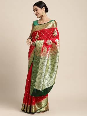 HOUSE OF BEGUM Women's Red Banarasi Katan Silk Saree With Blouse Piece 3
