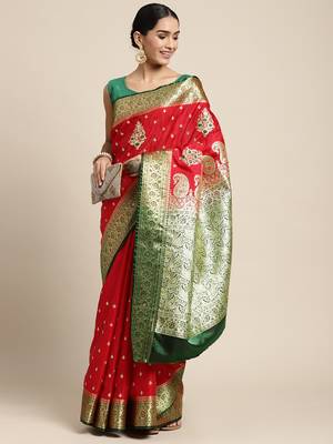 HOUSE OF BEGUM Women's Red Banarasi Katan Silk Saree With Blouse Piece 4