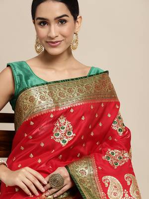 HOUSE OF BEGUM Women's Red Banarasi Katan Silk Saree With Blouse Piece 5