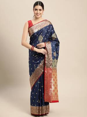 HOUSE OF BEGUM Women's Navy Blue Banarasi Katan Silk Saree With Blouse Piece 1