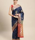 HOUSE OF BEGUM Women's Navy Blue Banarasi Katan Silk Saree With Blouse Piece
