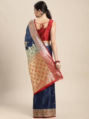 HOUSE OF BEGUM Women's Navy Blue Banarasi Katan Silk Saree With Blouse Piece 2